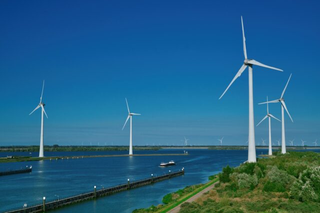 windmills around river