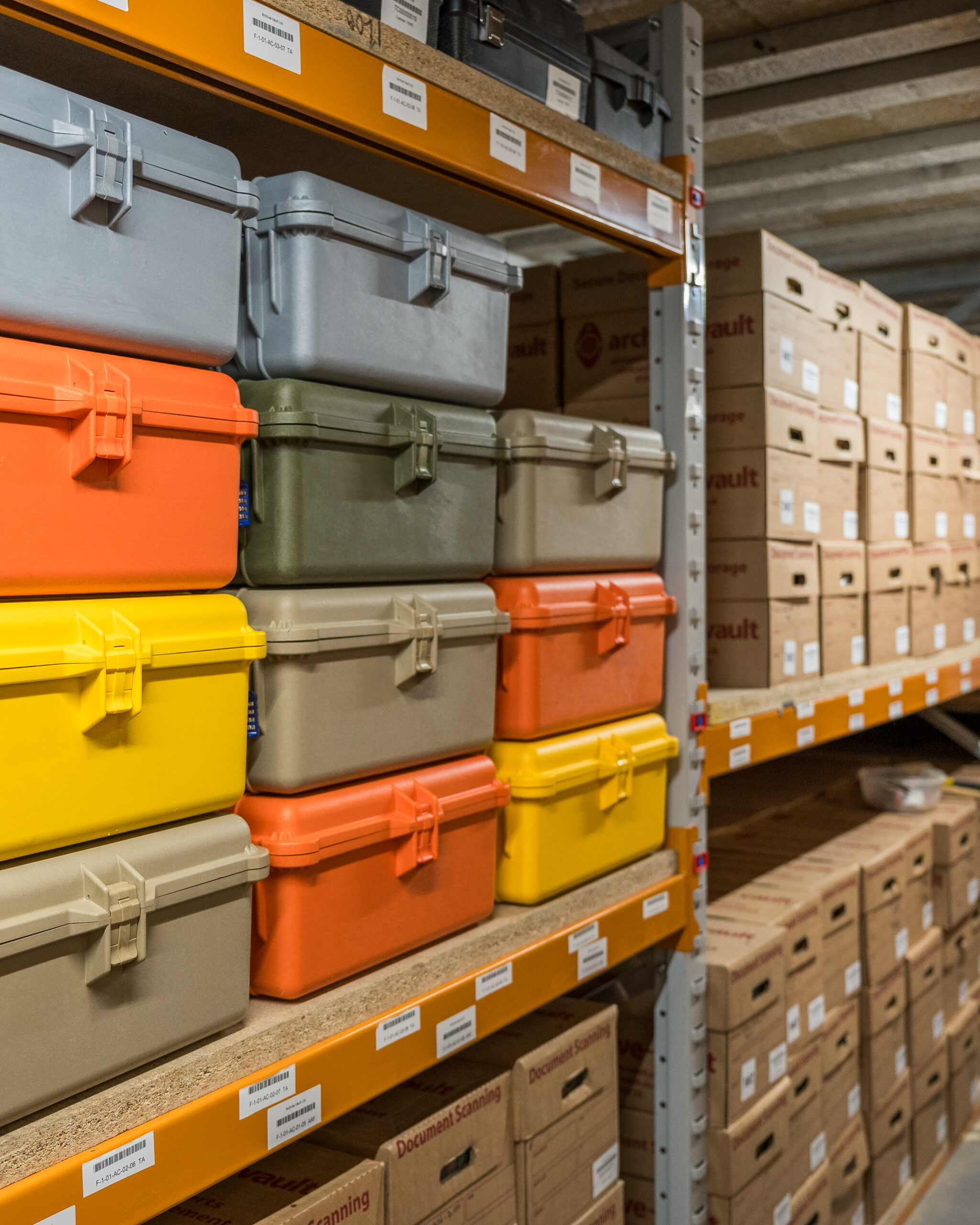 storage boxes on shelves