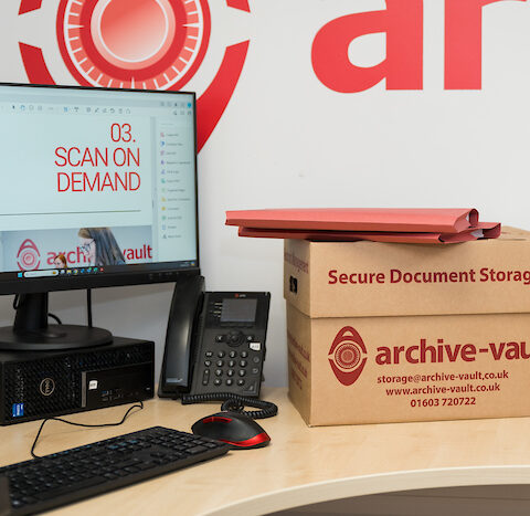 Archive Vault company storage box on desk